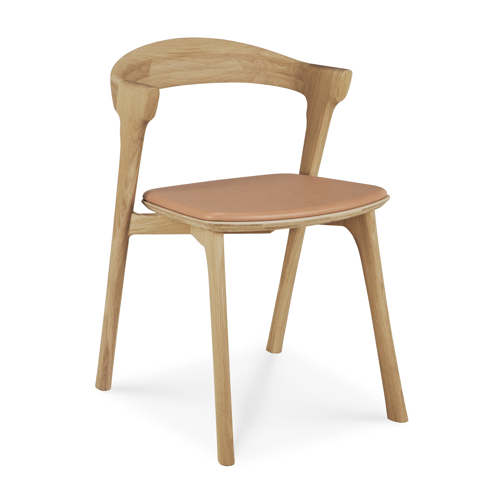 The Ethnicraft Bok Dining Chair features solid oak construction, a curved backrest, four legs, and a Sienna leather upholstered seat.