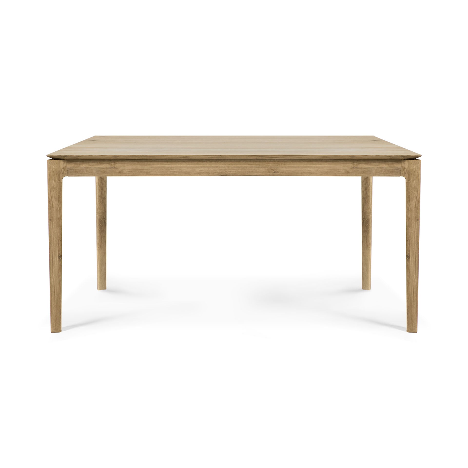 The Ethnicraft Bok Dining Table in varnished oak features a rectangular shape, four straight legs, and a smooth light wood finish, shown from the front against a white background.