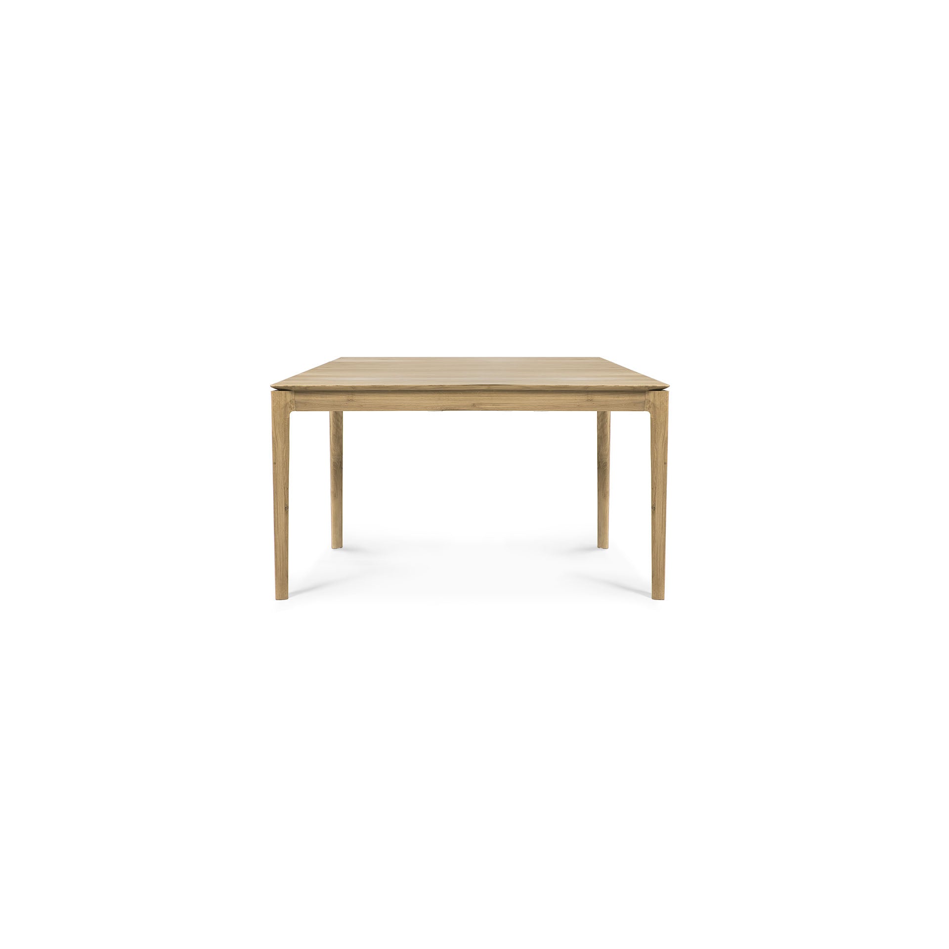 The Ethnicraft Bok Extendable Dining Table in solid oak features a simple, rectangular design with four straight legs, displayed against a plain white background.