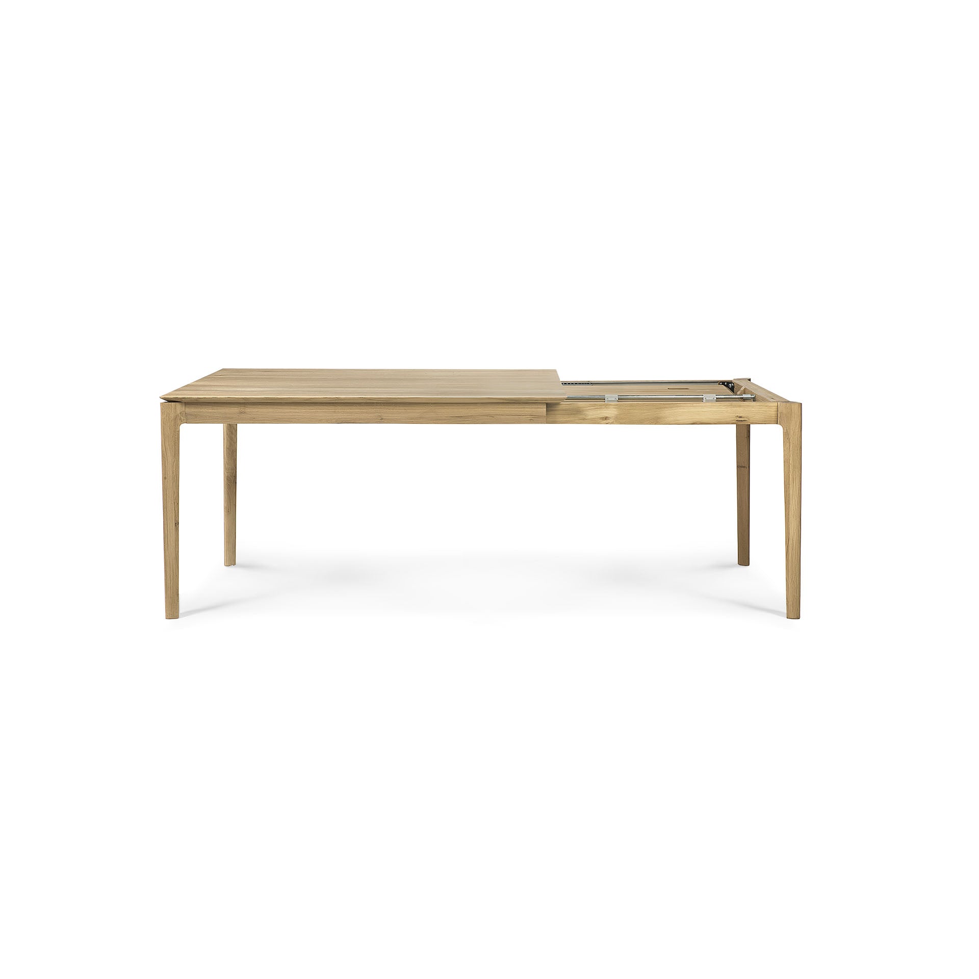 The Ethnicraft Bok Extendable Dining Table in varnished oak features straight legs and a partially open extending mechanism, highlighting its expandable design against a plain white background.
