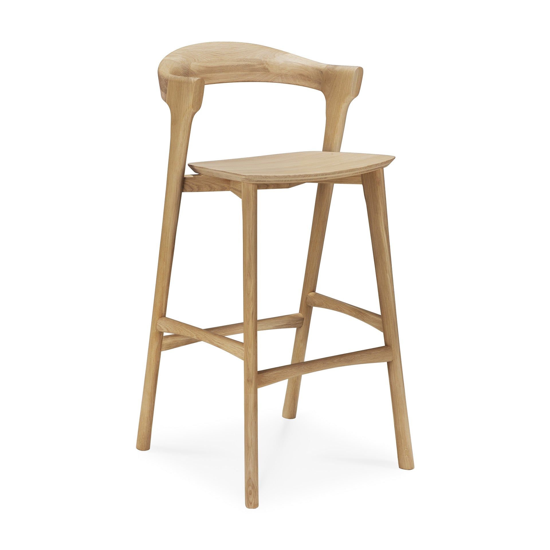 The Bok bar stool by Ethnicraft is crafted from solid oak with a light wood finish, featuring a minimalist design, curved low backrest, four legs with support bars, and a flat rectangular seat inspired by the Bok dining chair.