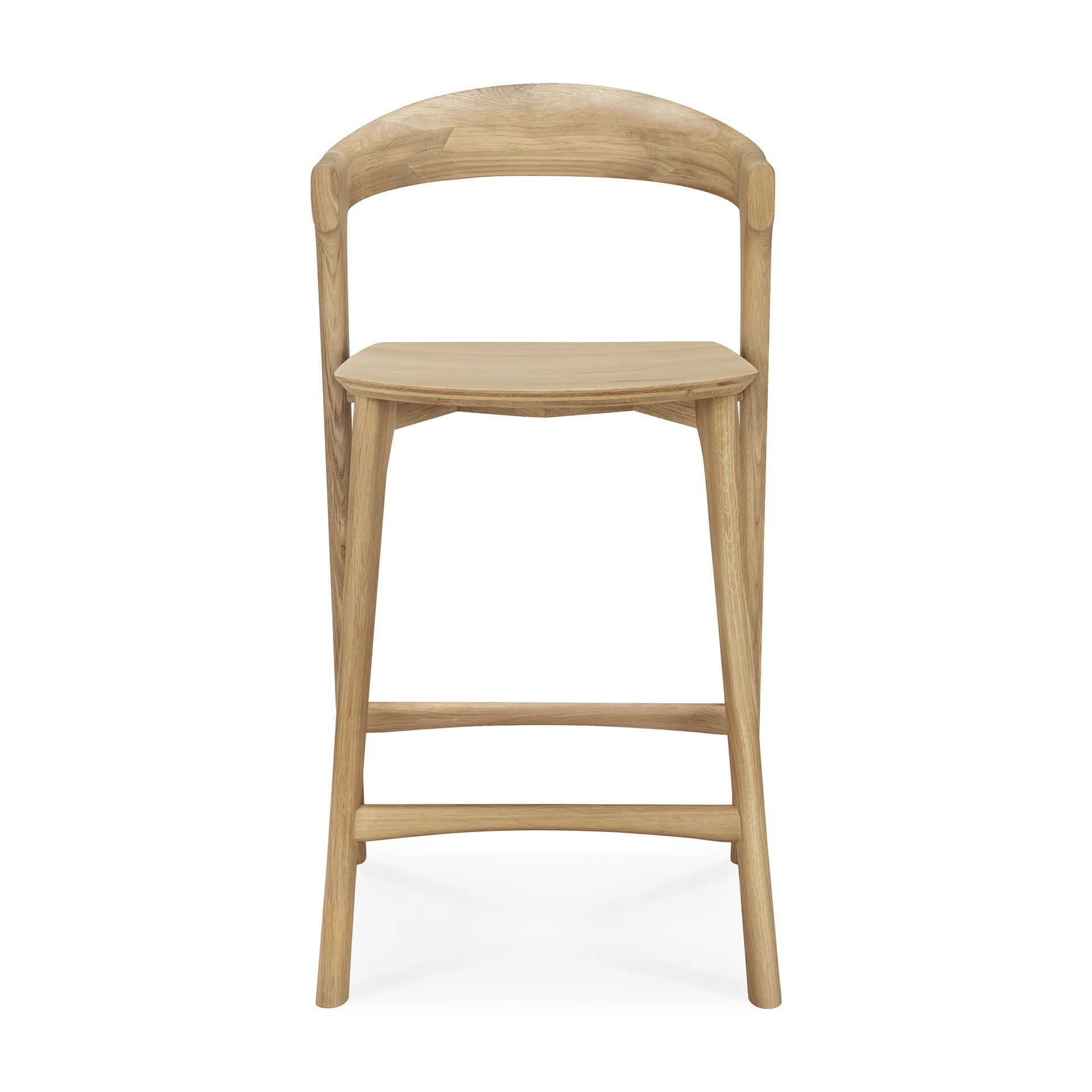 The Bok counter stool by Ethnicraft features a solid oak build, curved backrest, square seat, and tapered legs with support bars. Its natural finish and minimalist design complement the modern style of the Bok dining chair.