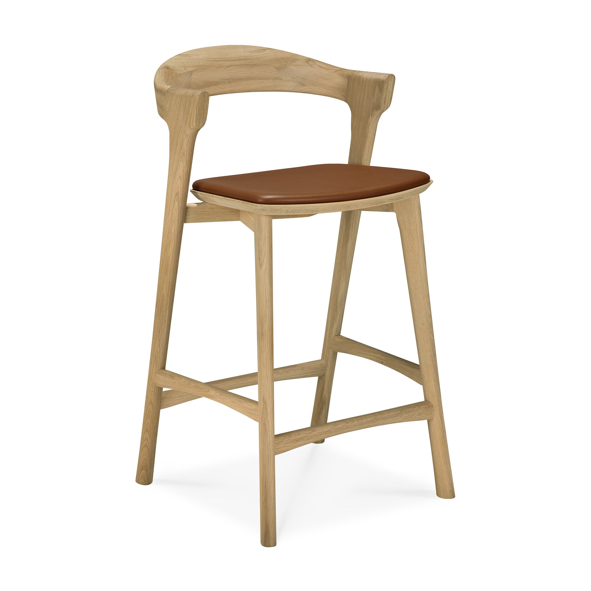 The Ethnicraft Bok counter stool features a light solid oak frame, curved backrest, footrest, and a brown cushioned seat inspired by the Bok dining chair.