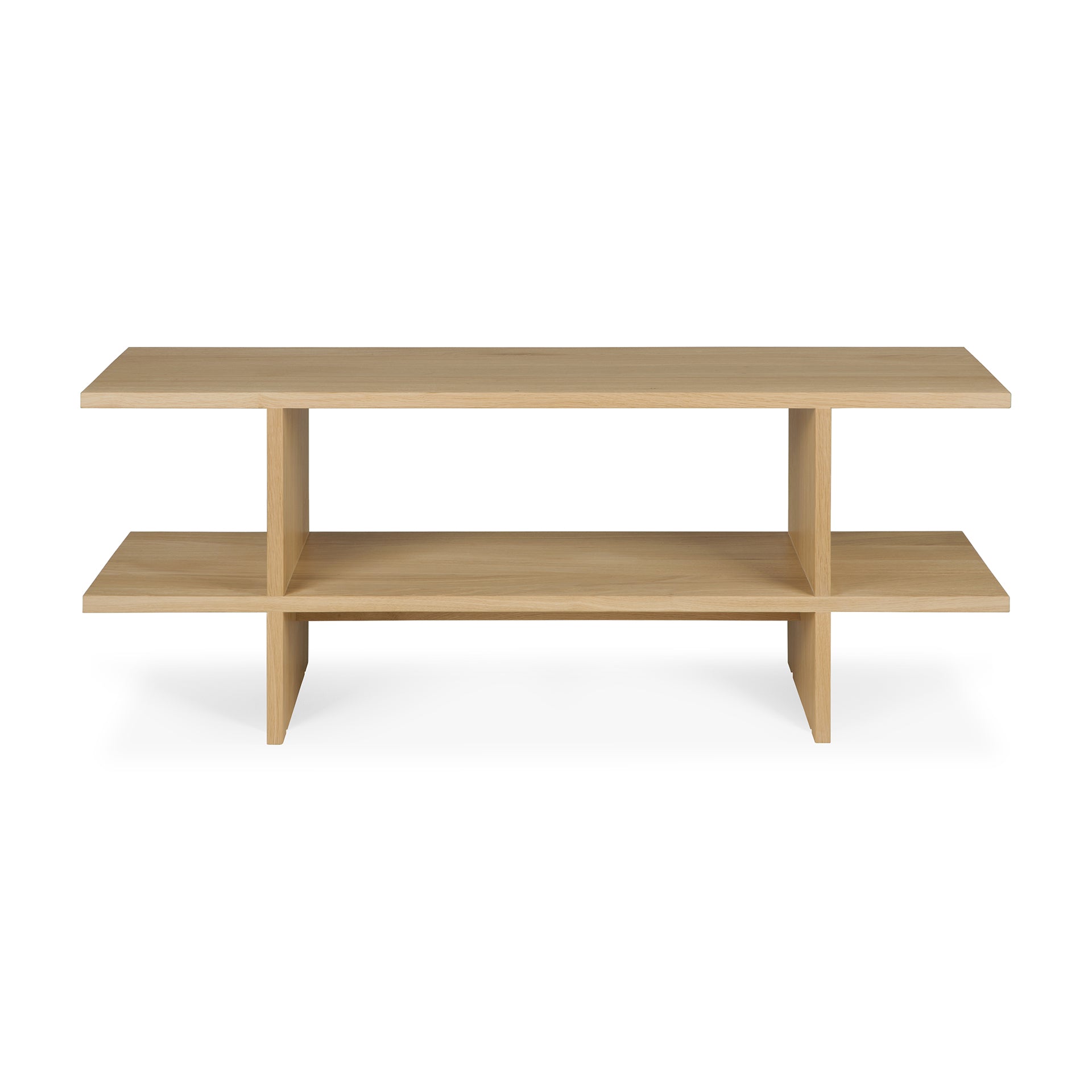 The Kabuki Side Table by Ethnicraft is crafted from solid oak and features open sides with a minimalist, modern design.