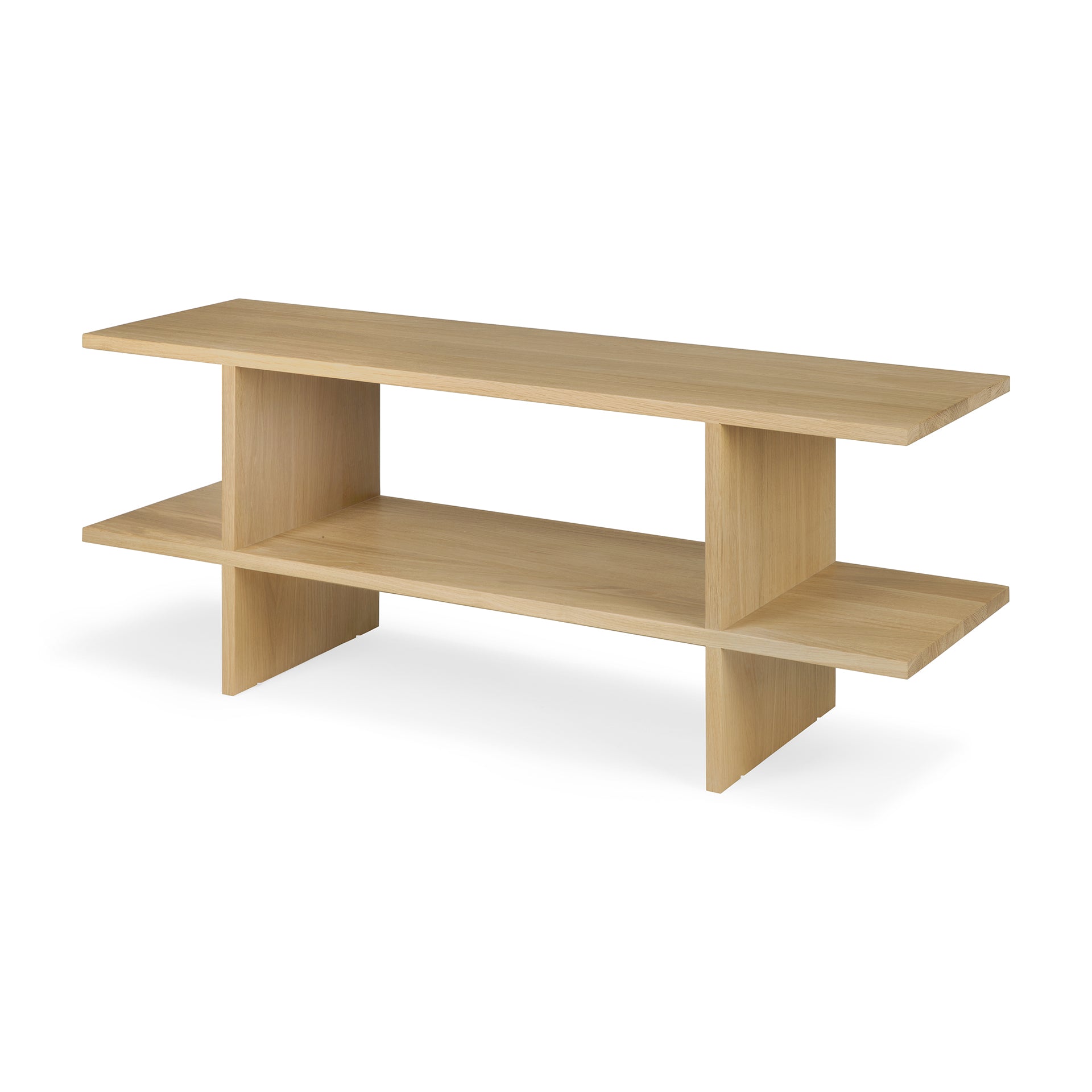 The Kabuki Side Table - Oak by Ethnicraft showcases a modern, minimalist design in solid oak, featuring a rectangular top, open central shelf, and vertical supports.