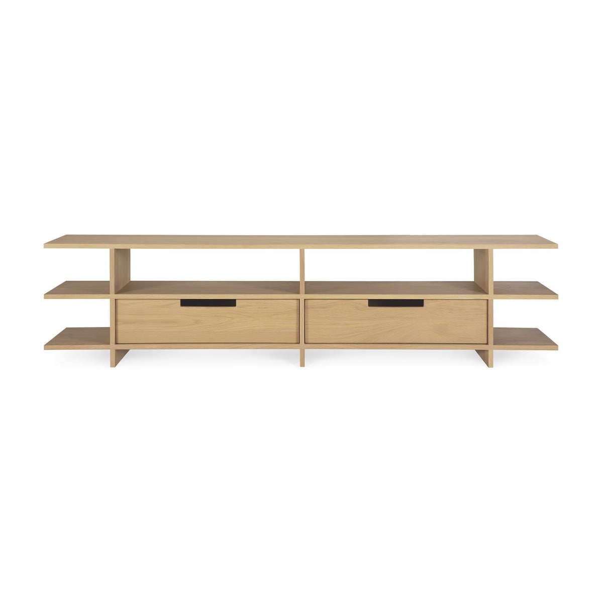 A light oak Kabuki TV cupboard by Ethnicraft, featuring a minimalist modern design, crafted from varnished oak with two central drawers and open shelves on either side.