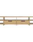 A light oak Kabuki TV cupboard by Ethnicraft, featuring a minimalist modern design, crafted from varnished oak with two central drawers and open shelves on either side.