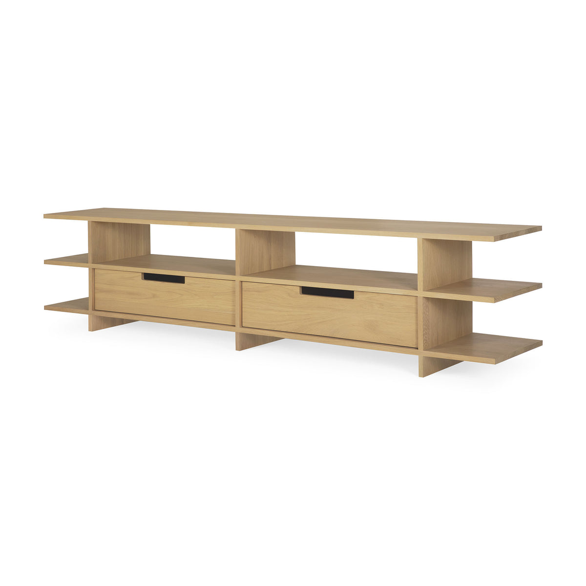 The Ethnicraft Kabuki TV cupboard in oak showcases a minimalist, modern design characterized by clean horizontal lines and a sleek varnished oak finish. Featuring two open shelves on each side and two central drawers with rectangular black handles, this timeless piece brings the signature Ethnicraft aesthetic to any living room.