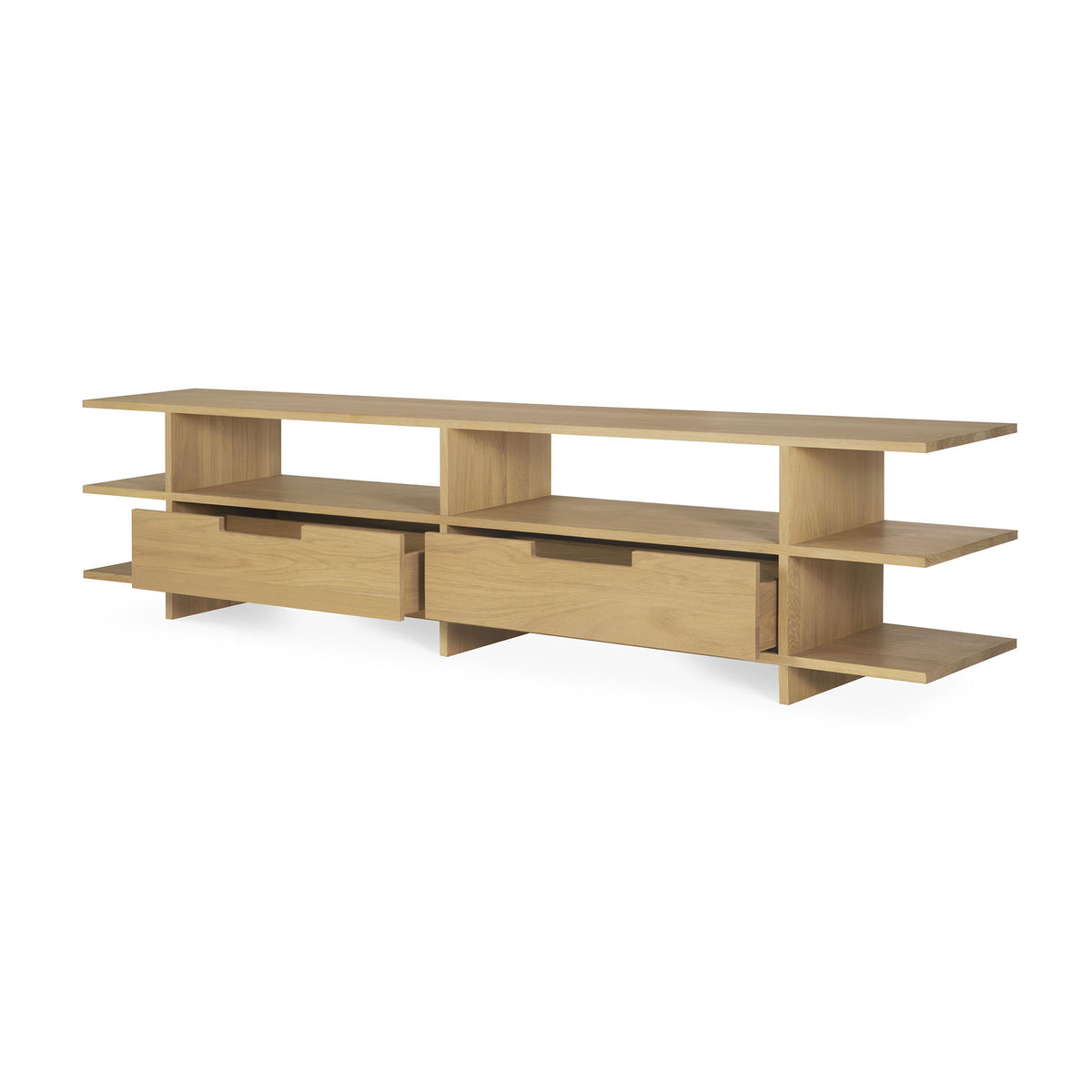 The Ethnicraft Kabuki TV cupboard in oak is a modern wooden TV stand, featuring two central drawers and multiple open shelves on each side, elegantly finished in light oak with varnished teak accents, set against a plain white background.