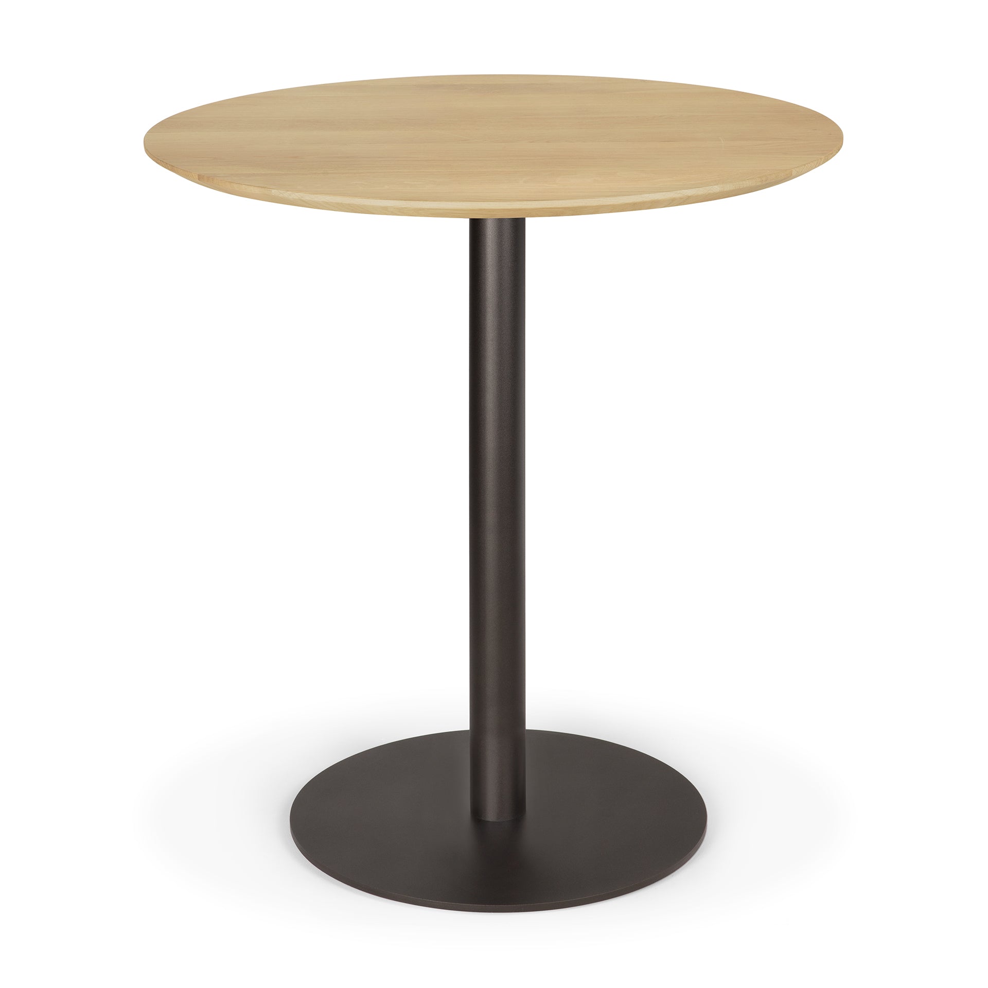 The Ethnicraft Blend Dining Table - Oak features a light solid oak round top with a single black metal pedestal leg and circular base.