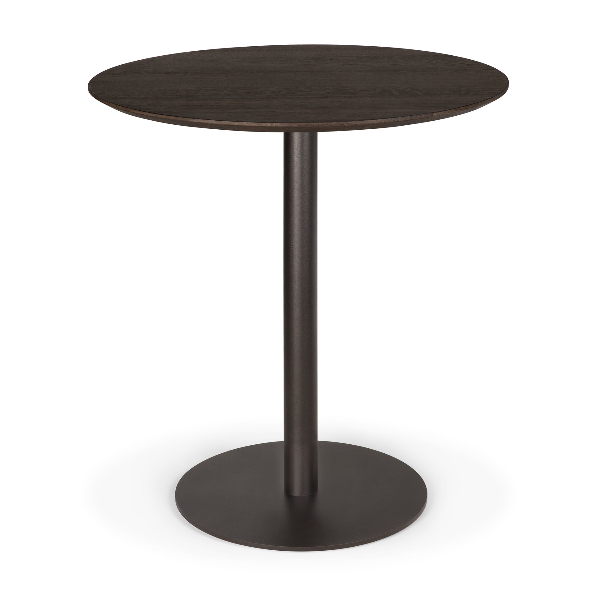 The Ethnicraft Blend Dining Table - Brown Oak is a round table with a dark finish, featuring interchangeable tops and a central metal pedestal base, shown against a white background.