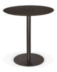 The Ethnicraft Blend Dining Table - Brown Oak is a round table with a dark finish, featuring interchangeable tops and a central metal pedestal base, shown against a white background.