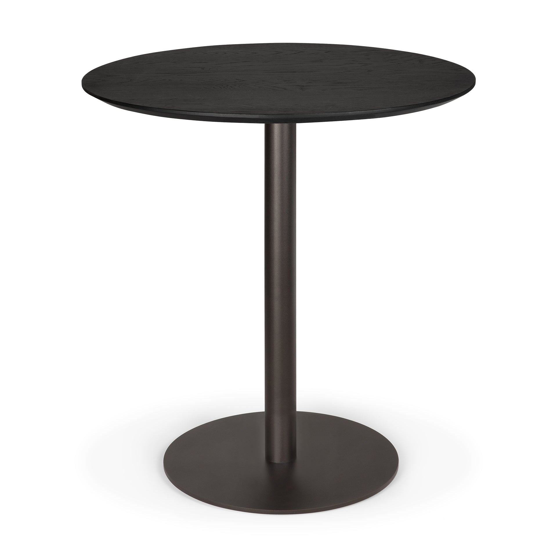 The Ethnicraft Blend Dining Table - Black Oak features a round black oak top and a central metal pedestal base with a circular platform, showcasing minimalist, modern design inspired by Ethnicraft's signature style.