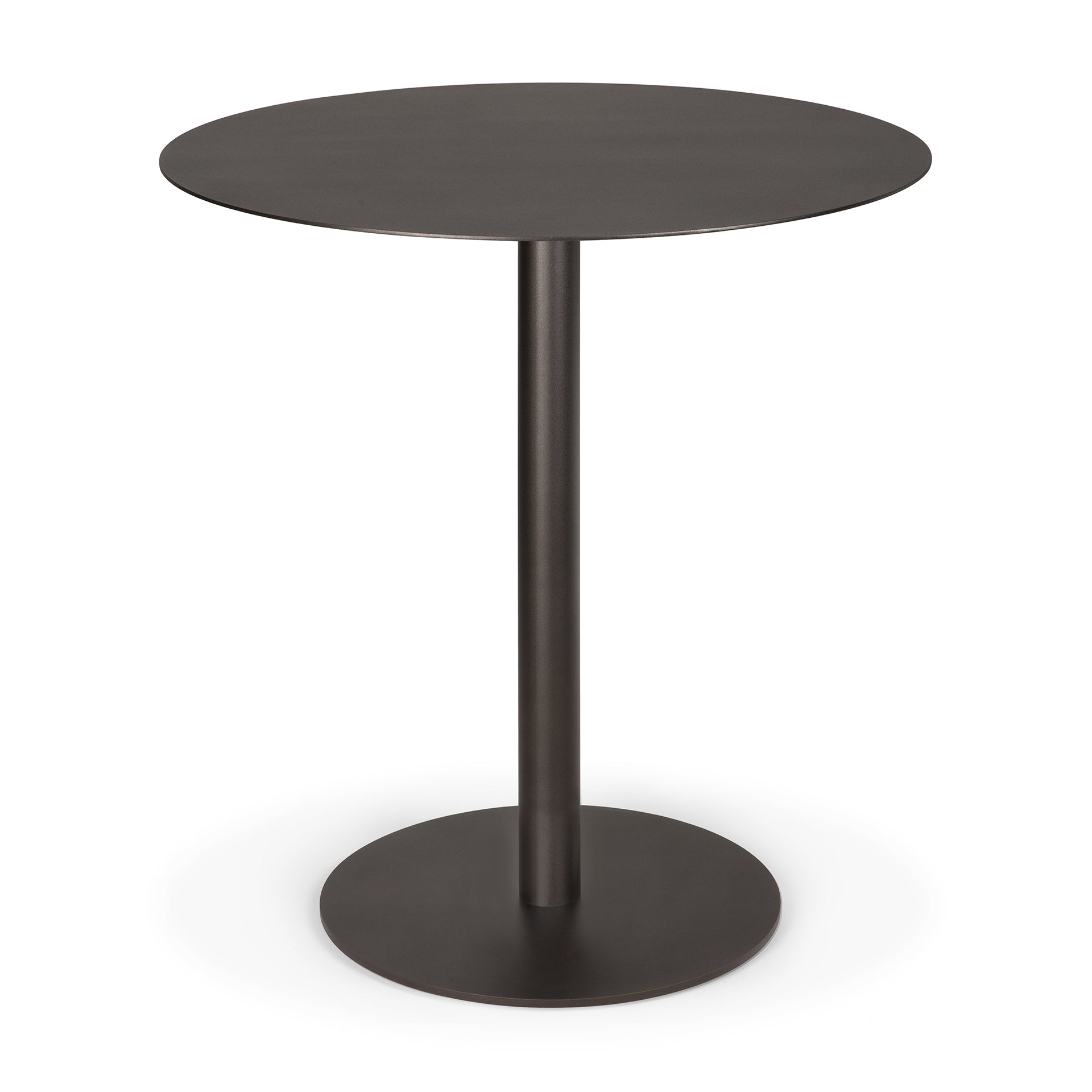 The Blend Dining Table - Dark Bronze Metal by Ethnicraft is a round table with a modern central pedestal base and flat circular top, featuring interchangeable tops for versatile style in any setting.