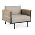 The Corbey Outdoor Lounge Chair by Ethnicraft features a black metal frame, light beige cushions, wooden armrests, and rope detailing for a minimalist look—ideal for elevating your outdoor space.