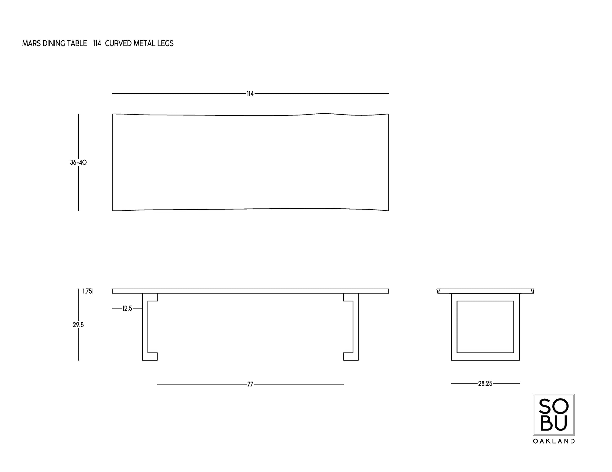Line drawing diagram of the Mars Live Edge Dining Table - Walnut with Curved Leg by SOBU, featuring top, side, and end views with dimensions in inches. "SOBU" logo appears in the lower right corner.