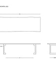 Line drawing diagram of the Mars Live Edge Dining Table - Walnut with Curved Leg by SOBU, featuring top, side, and end views with dimensions in inches. "SOBU" logo appears in the lower right corner.