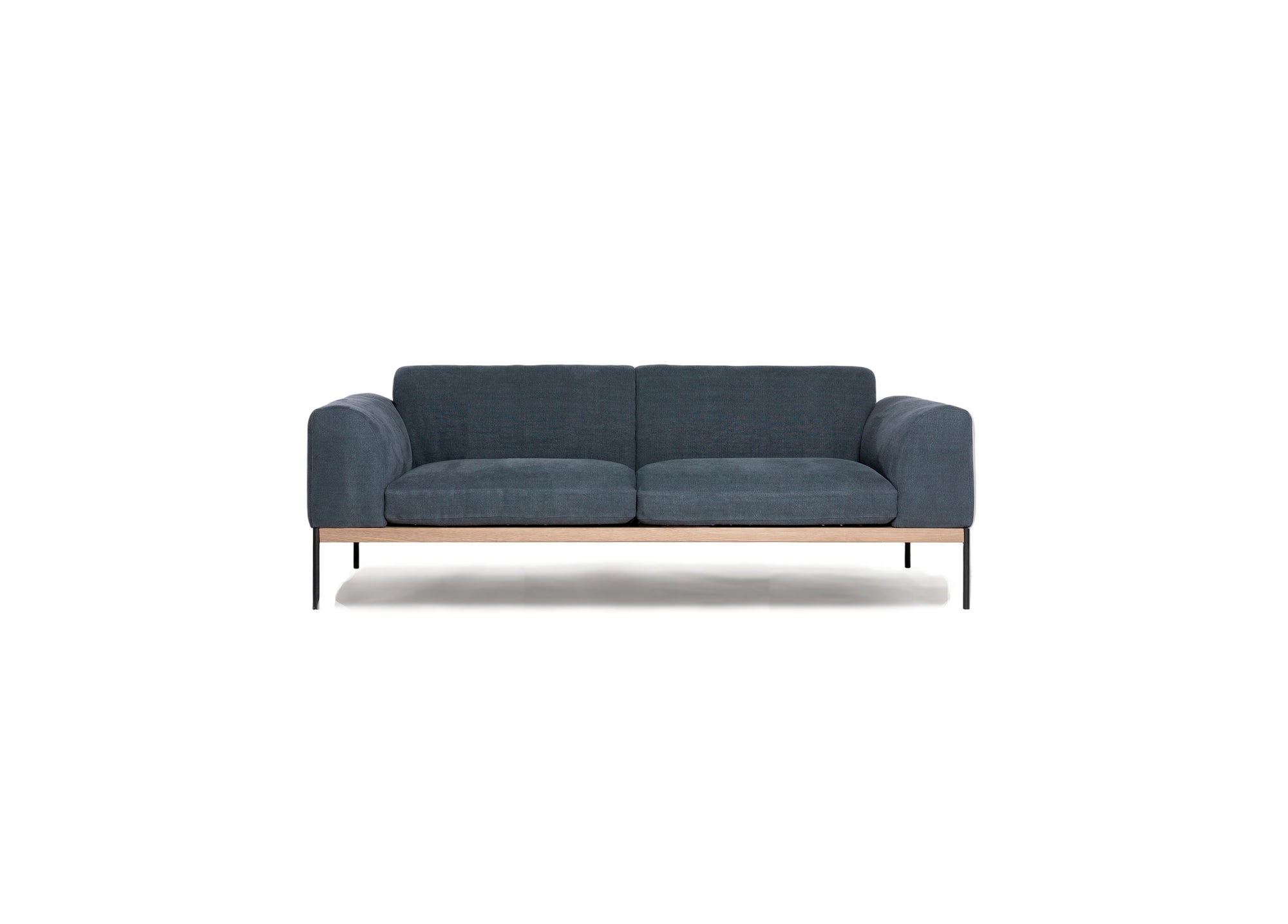 The Department Sofa 81" by Wooden Stories is a modern dark gray two-seater with Danish lines, square armrests, an FSC-certified oak solid wood plinth, and slim black metal legs, shown isolated on a white background.