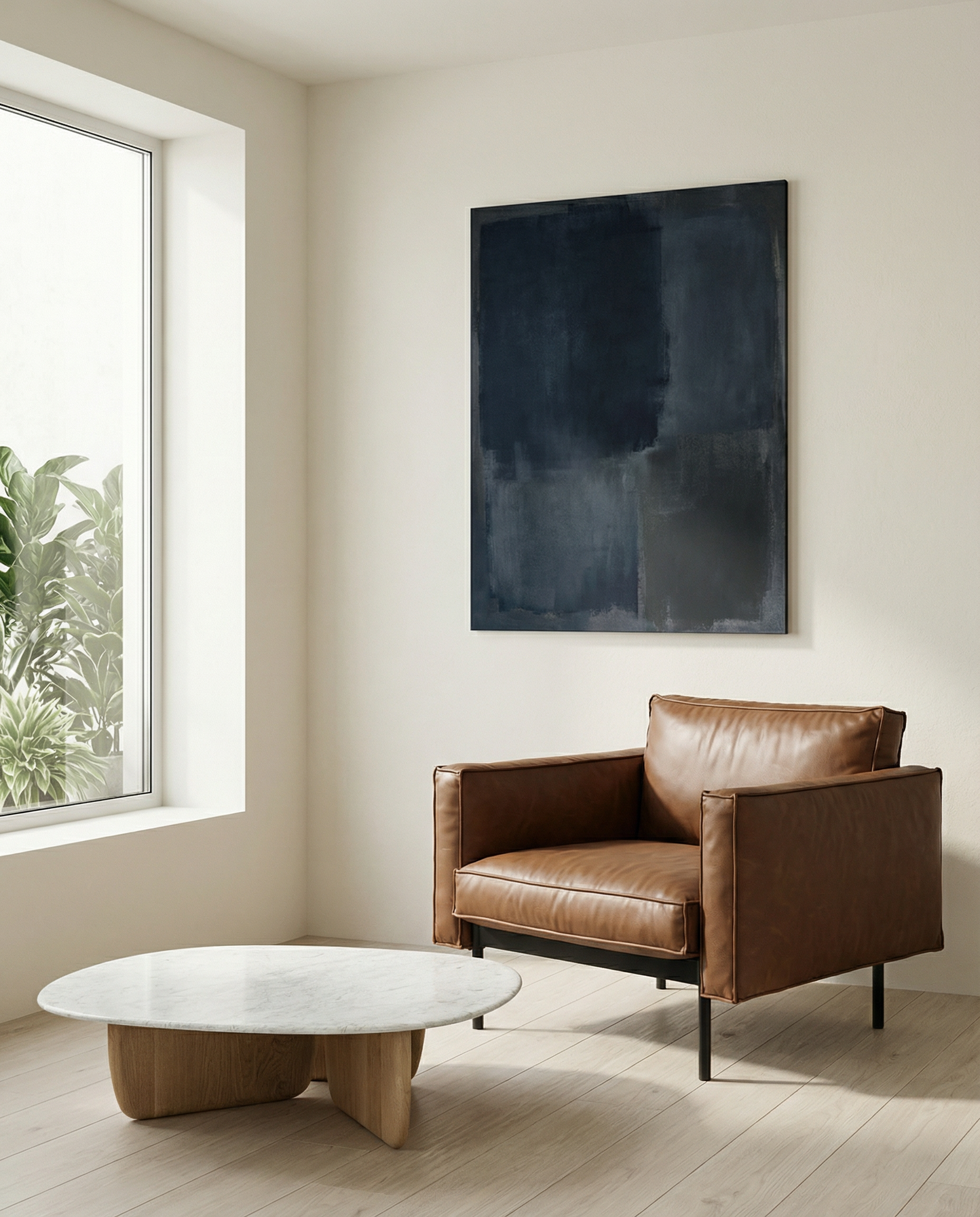 A modern, minimal living space featuring Wooden Stories’ Attendant Lounge Chair in brown leather, a round white marble coffee table on light wood floors, large window views of greenery, and a dark abstract wall painting.