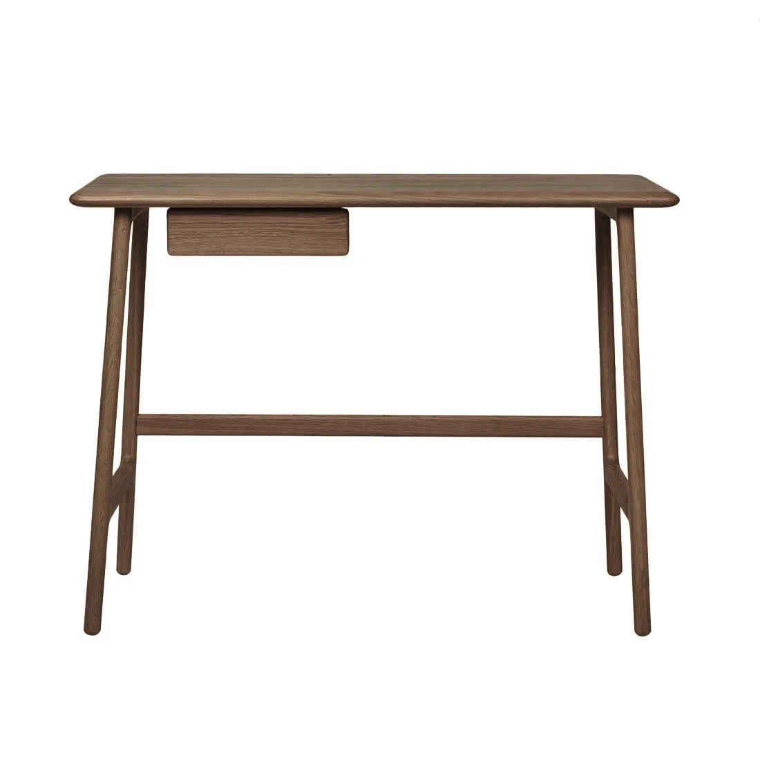 The Author Desk by Wooden Stories features a minimalist, modern design with four angled legs, a rectangular tabletop, and a slim centered drawer. Part of the Danish collection, it comes in an espresso oak finish.