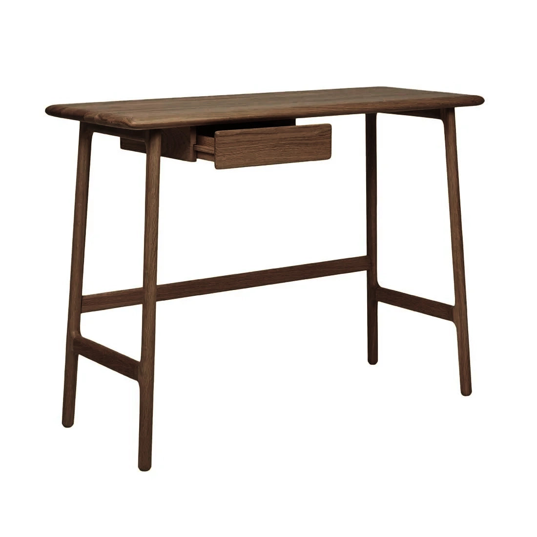The Author Desk by Wooden Stories features a minimalist design with four legs, a single central drawer, and an espresso oak finish from the Danish-inspired collection.