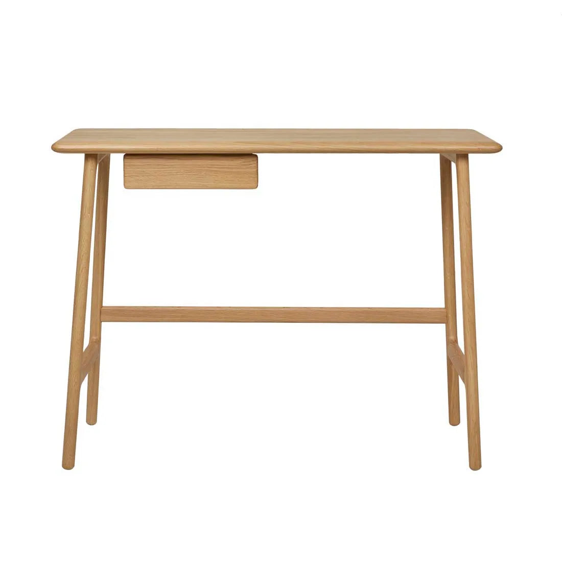 The Wooden Stories Author Desk | Light Oak features a minimalist Danish design with a rectangular top, one small left drawer, and four angled legs joined by a support bar—perfect for any modern workspace.