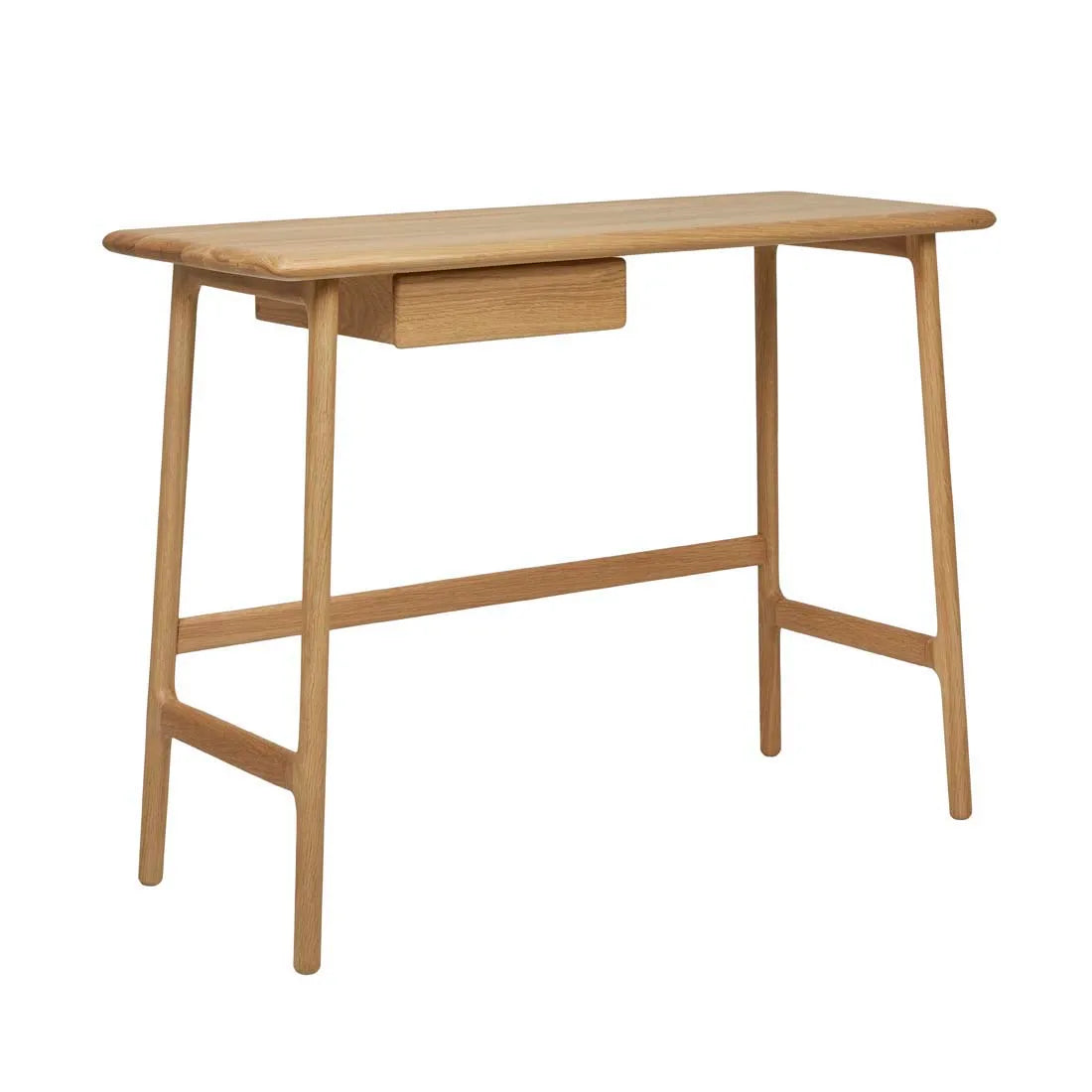 The Author Desk | Light Oak by Wooden Stories is a modern Danish design with angled legs, a central drawer, and a smooth light oak finish—crafted from solid wood for contract-grade durability.