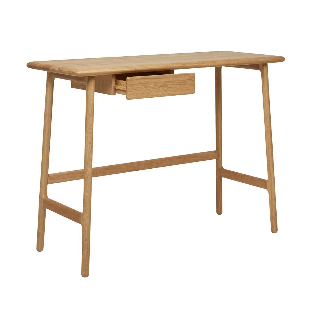 The Author Desk | Light Oak by Wooden Stories is a light solid wood desk with a minimalist design, four angled legs, a flat rectangular top, and one central open drawer—ideal for adding Danish style to any modern space.