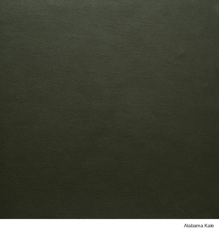 Material Swatches from SOBU in dark olive green leather with a fine pebbled texture, labeled Alabama Kale.