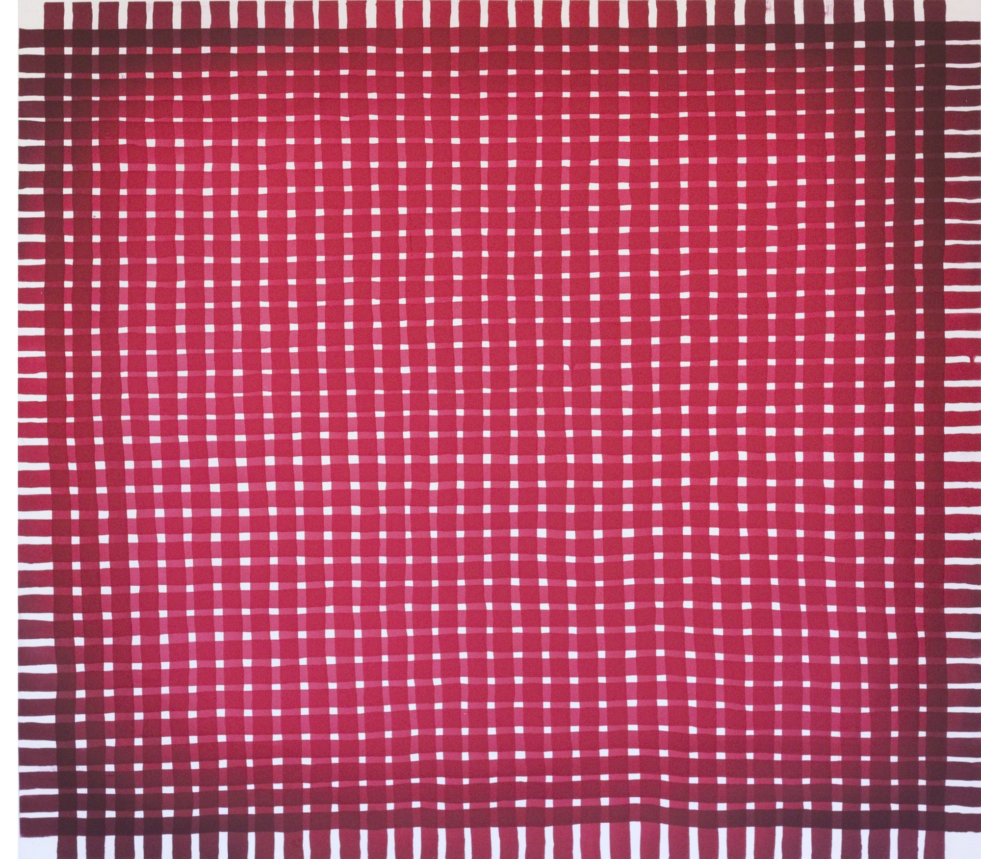 Untitled (1), 2016 by Alicia McCarthy—published by Paulson Fontaine Press—features a red and white grid pattern with intersecting horizontal and vertical lines, forming a checkered, woven effect across the surface that evokes the artist’s signature Mission School aesthetic. Thicker red lines frame the borders, elevating the piece into a striking fine art print.