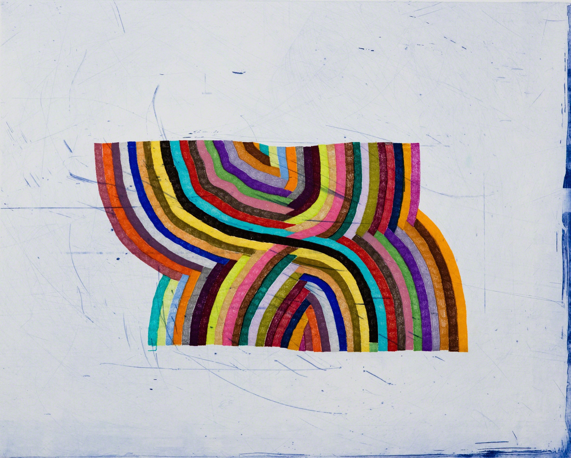 Untitled (3), 2018 by Alicia McCarthy—a fine art print published by Paulson Fontaine Press—features colorful, wavy, parallel lines forming an hourglass-like shape on a textured white background with faint blue marks, capturing the vibrant aesthetic associated with the San Francisco Mission School.