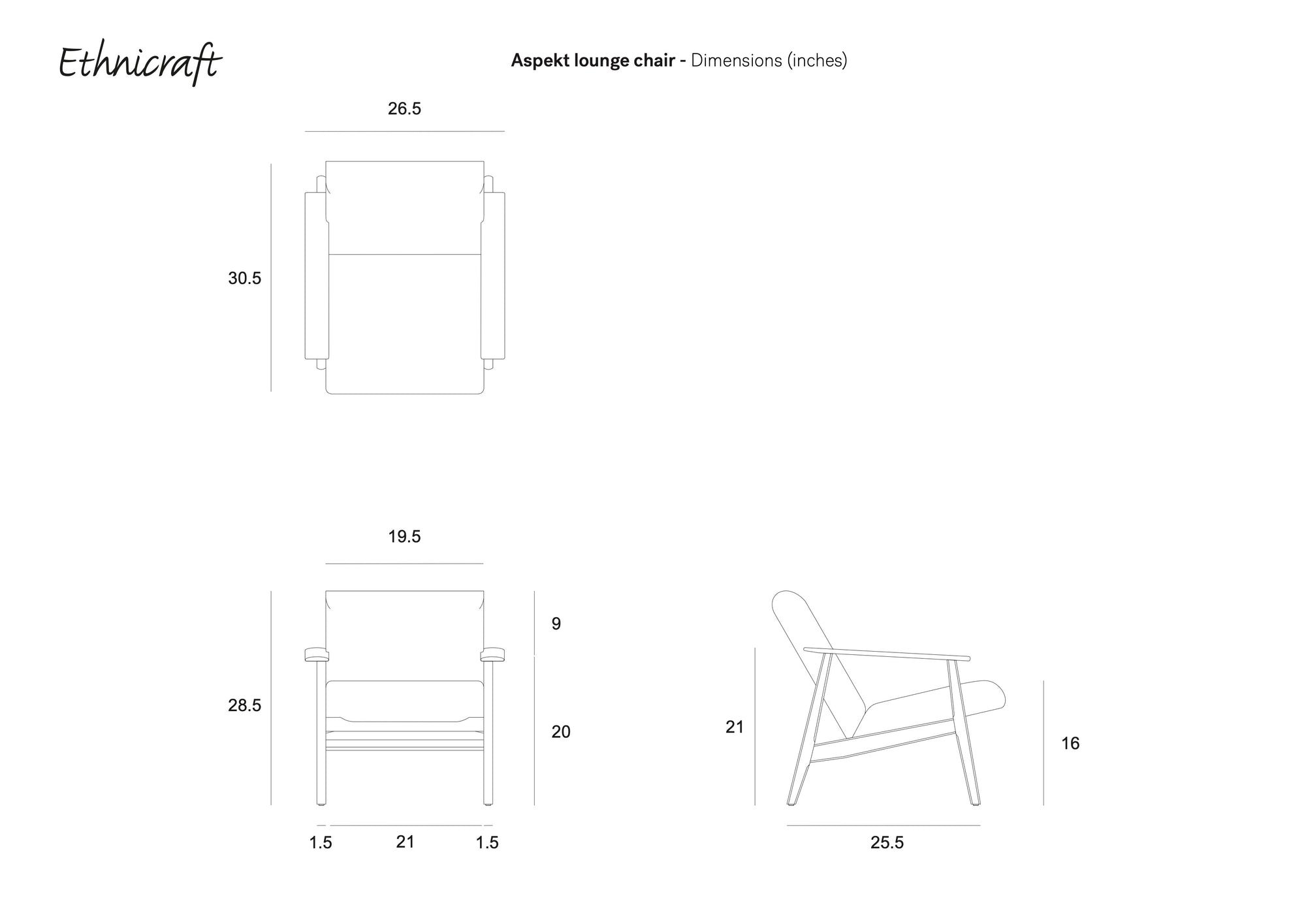 Line drawings of the Ethnicraft Aspekt Lounge Chair - Dark Brown Teak with labeled dimensions in inches, including front, top, and side views showing height, width, depth, and armrest size for this elegant teak lounge chair.