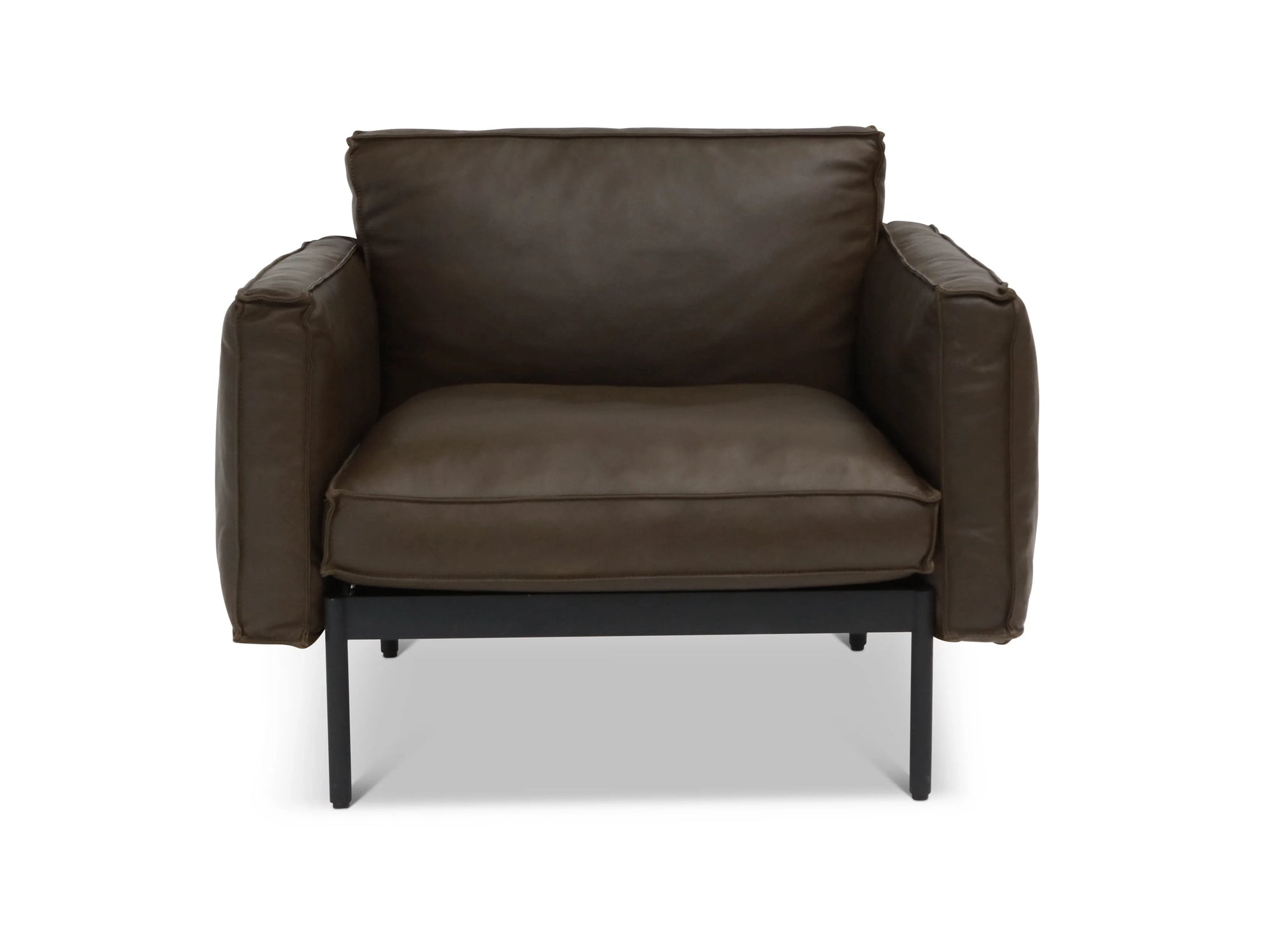 The Wooden Stories Attendant Lounge Chair | Leather features a dark brown leather cushion and black metal legs, displayed front-facing on a plain white background for a modern, comfortable look.