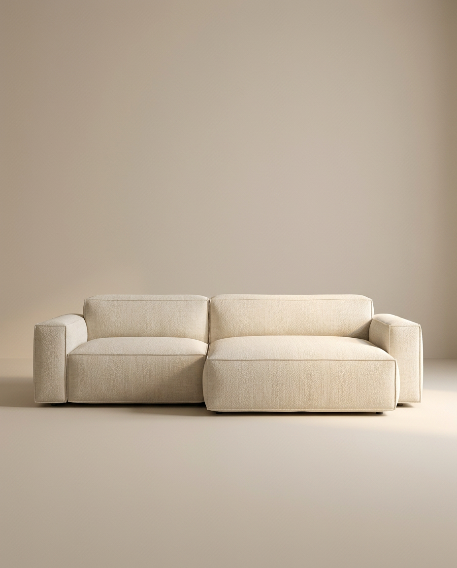 The Baker Modular Sofa | Fabric • M3 by Wooden Stories features a modern, light beige design with wide armrests and low backrests, perfectly suited for minimal, neutral-toned spaces as a standout piece of contemporary modular furniture.