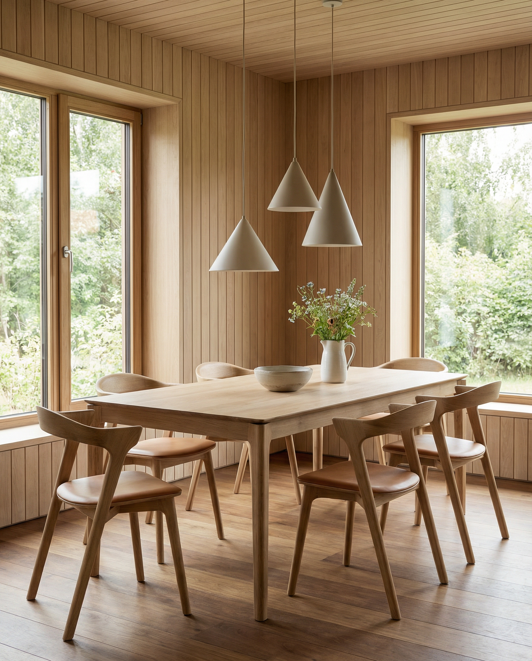 Dining room with Bok wooden table and Bok dining chairs, large windows, and pendant lights.