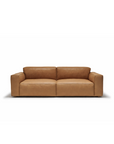 The Baker Sofa | Leather by Wooden Stories is a modern, rectangular tan leather sofa with wide armrests and plush seat and back cushions, shown against a plain white background.