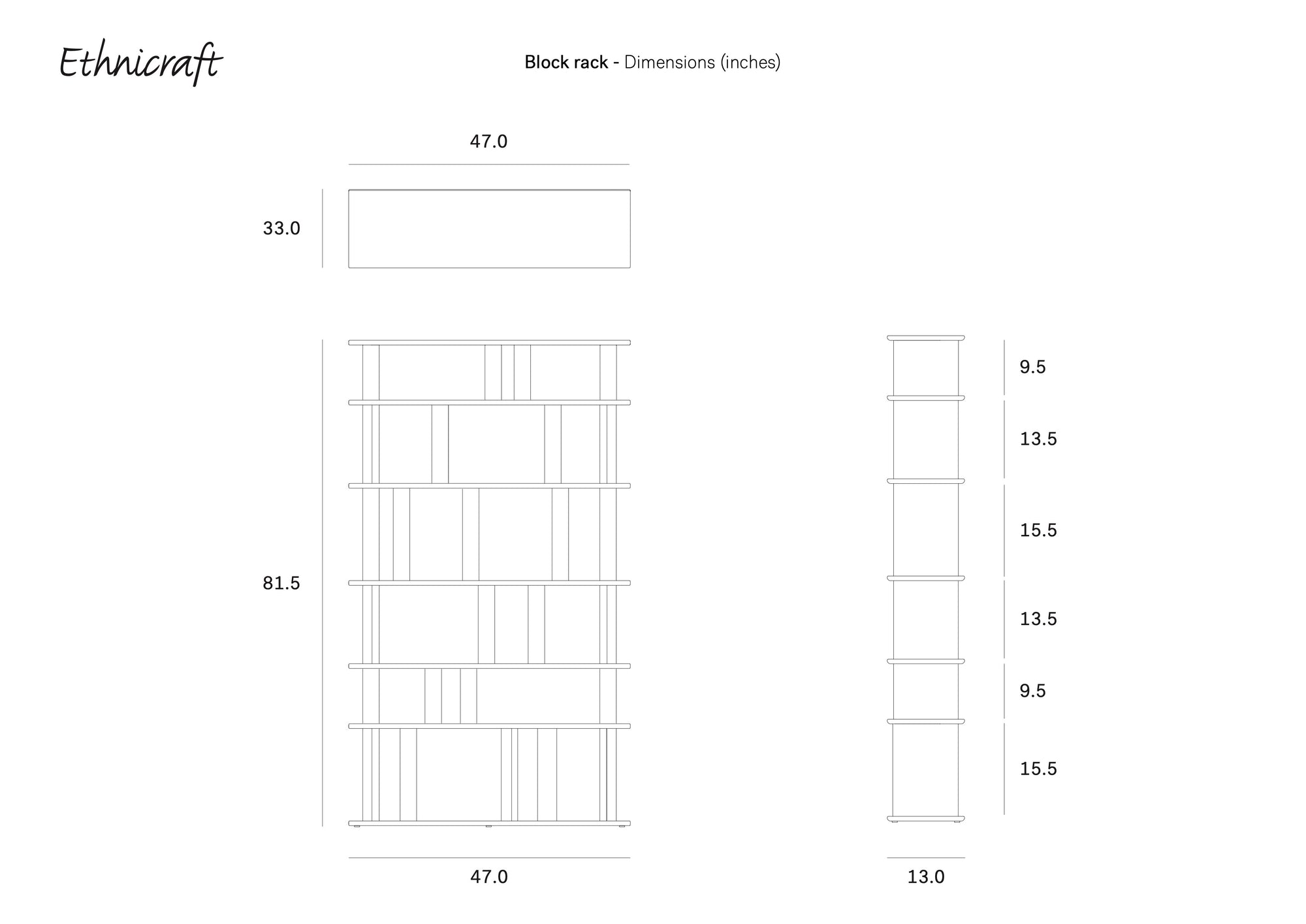 Line drawing of the Block Rack shelving unit by Ethnicraft, in solid mahogany, measuring 47.0" wide, 81.5" tall, and 13.0" deep, with shelf heights of 9.5", 13.5", and 15.5".