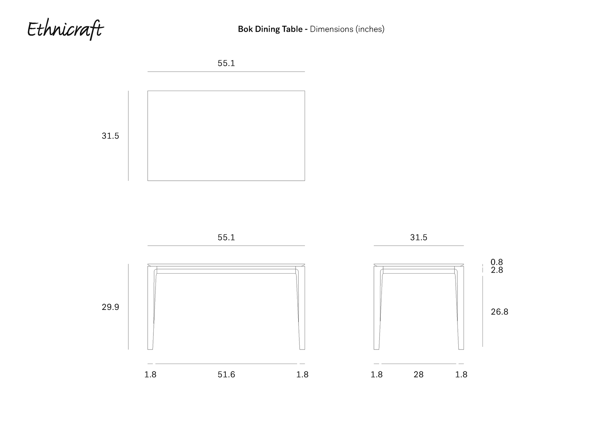 Technical drawing of the Ethnicraft Bok Dining Table - Oak, showing side and top views with detailed leg measurements; dimensions in inches: 55.1" length, 31.5" width, and 29.9" height.