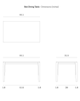 Technical drawing of the Ethnicraft Bok Dining Table - Oak, showing side and top views with detailed leg measurements; dimensions in inches: 55.1" length, 31.5" width, and 29.9" height.