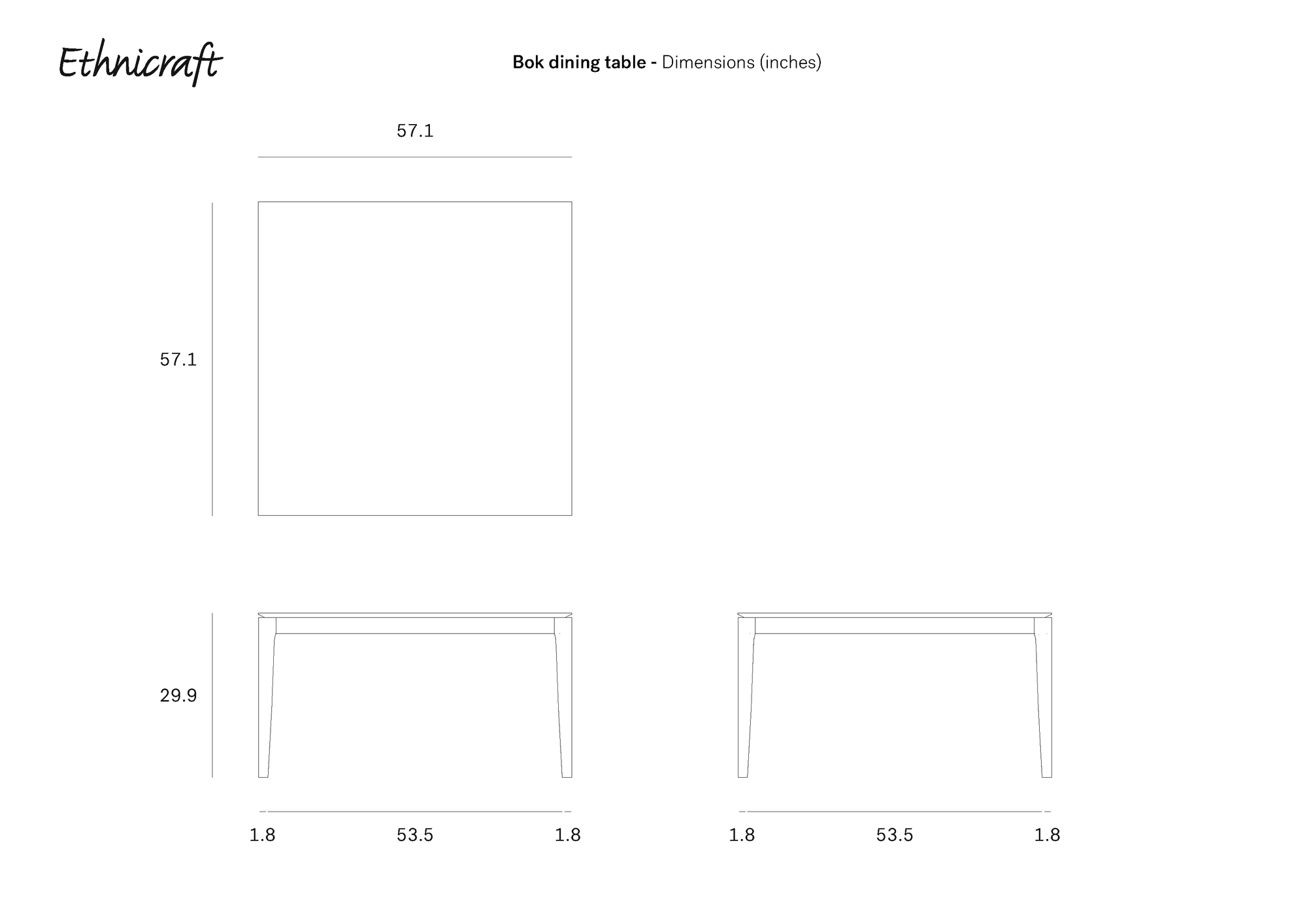 Line drawings display the dimensions of the Ethnicraft Bok Dining Table - Oak (inches): 57.1" width, 29.9" height, 57.1" depth, with front and side views and labeled leg spacing.