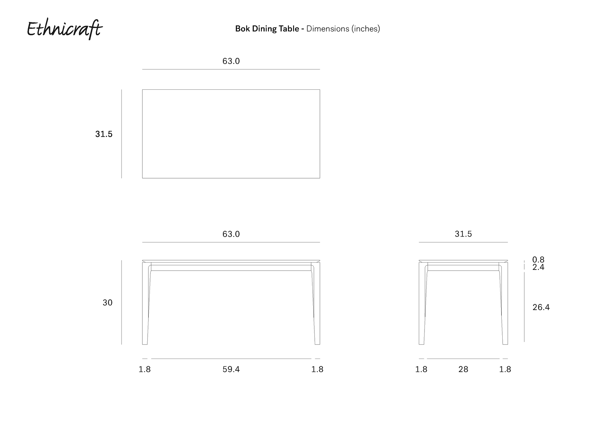 Technical drawing of the Ethnicraft Bok Dining Table - Oak with dimensions in inches: 63L x 31.5W x 30H; includes top, front, and side views plus detailed leg measurements.