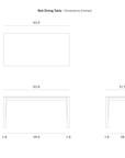 Technical drawing of the Ethnicraft Bok Dining Table - Oak with dimensions in inches: 63L x 31.5W x 30H; includes top, front, and side views plus detailed leg measurements.