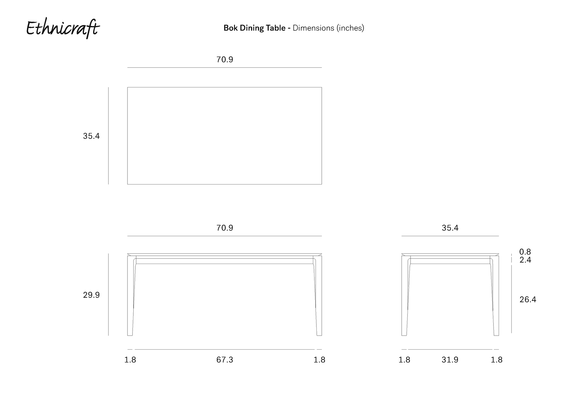 Technical drawing of the Ethnicraft Bok Dining Table - Oak with dimensions in inches: 70.9"L x 35.4"W x 29.9"H, showing top, front, and side views and additional detailed measurements.