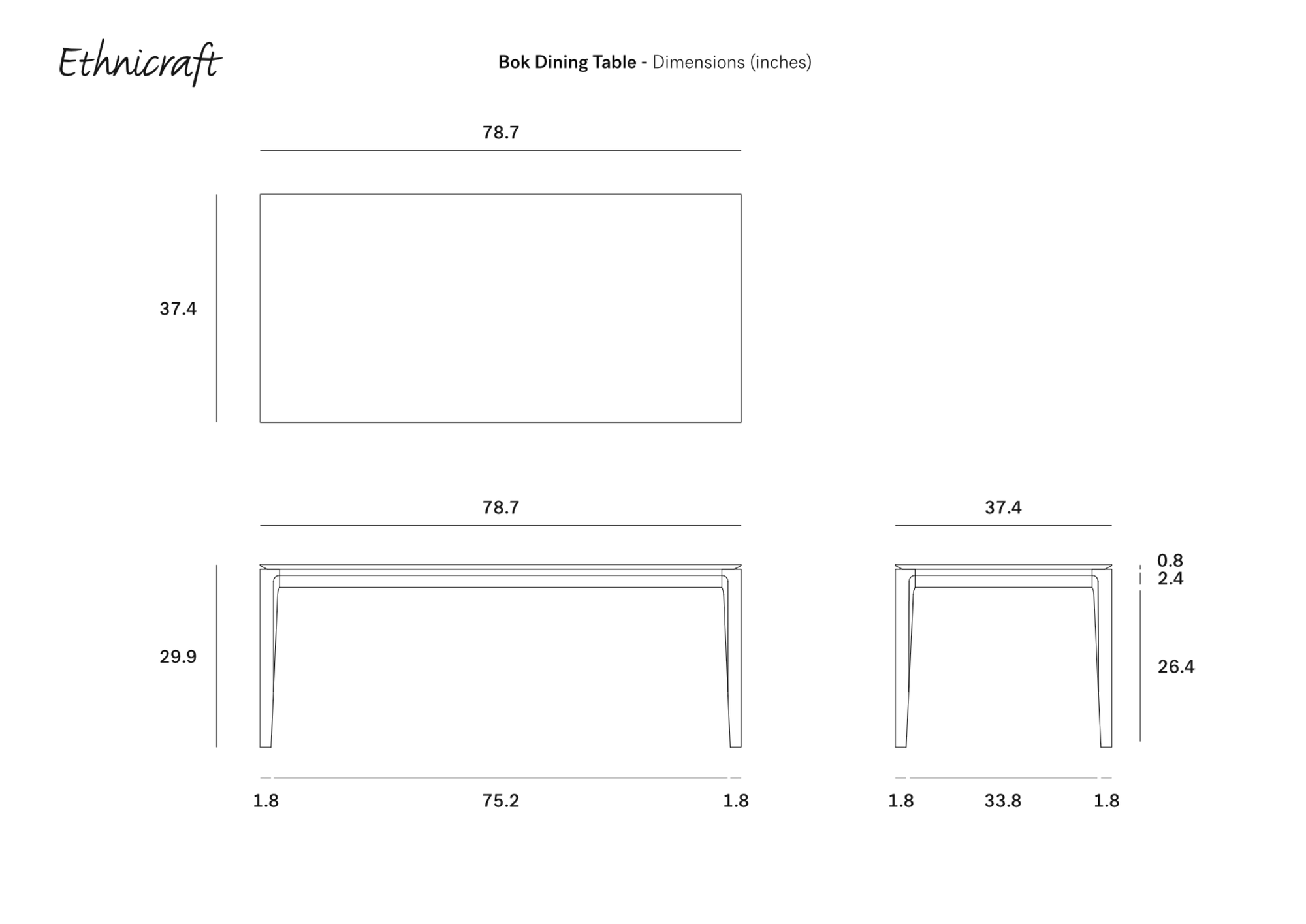 Technical drawing of the Ethnicraft Bok Dining Table - Oak, with labeled dimensions in inches: 78.7"L x 37.4"W x 29.9"H, plus leg spacing and thickness detailed from top, front, and side views.