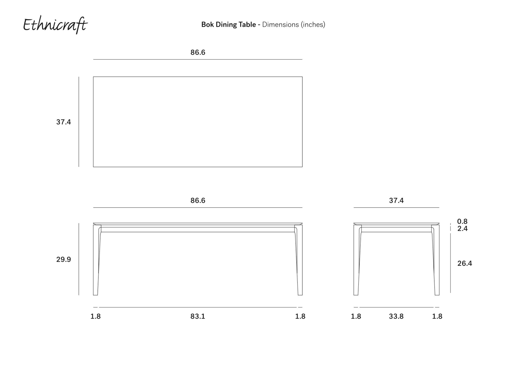 Line drawings display the Ethnicraft Bok Dining Table - Oak, showing dimensions in inches: 86.6" W x 37.4" D x 29.9" H; apron height 26.4", top thickness 0.8", leg inset 1.8" from sides and 2.4" from ends.
