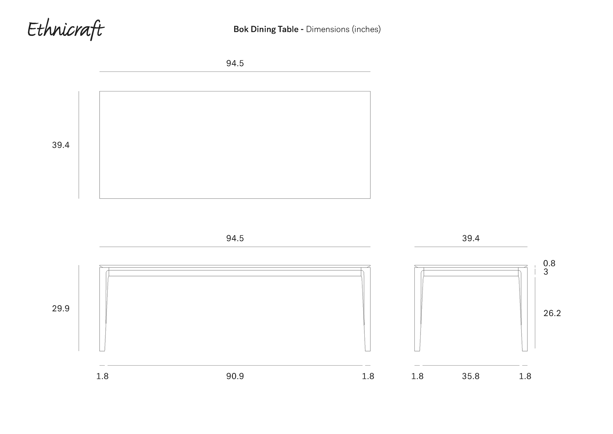 Technical drawing of the Ethnicraft Bok Dining Table - Oak, solid oak, with dimensions in inches: 94.5" L x 39.4" W x 29.9" H, detailed leg and clearance specs, and the brand name shown in the top left corner.