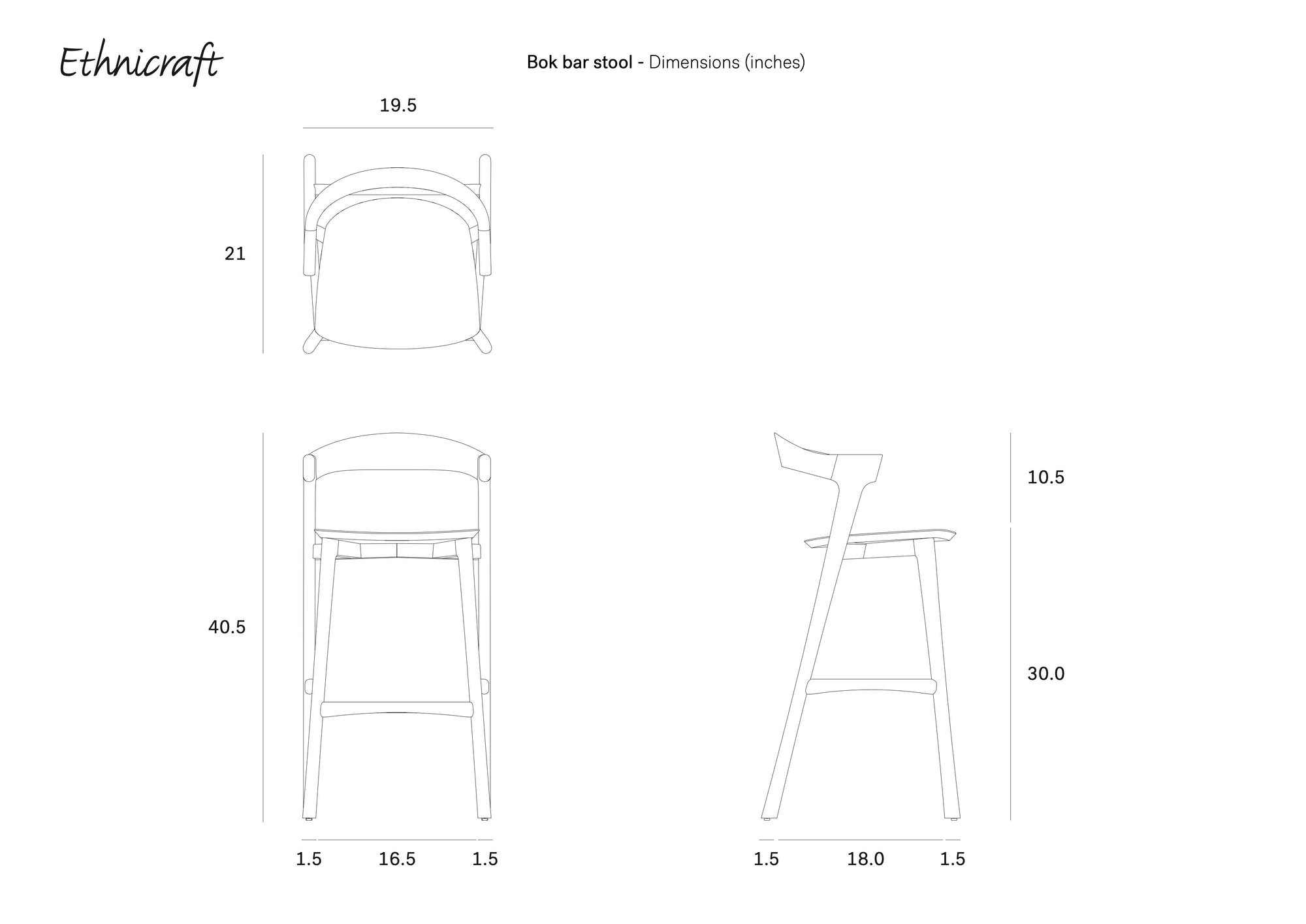 Line drawings of the Ethnicraft Bok Barstool - Oak display top, front, and side views with dimensions in inches. Key measurements for height, width, and depth are clearly shown for this solid oak barstool.