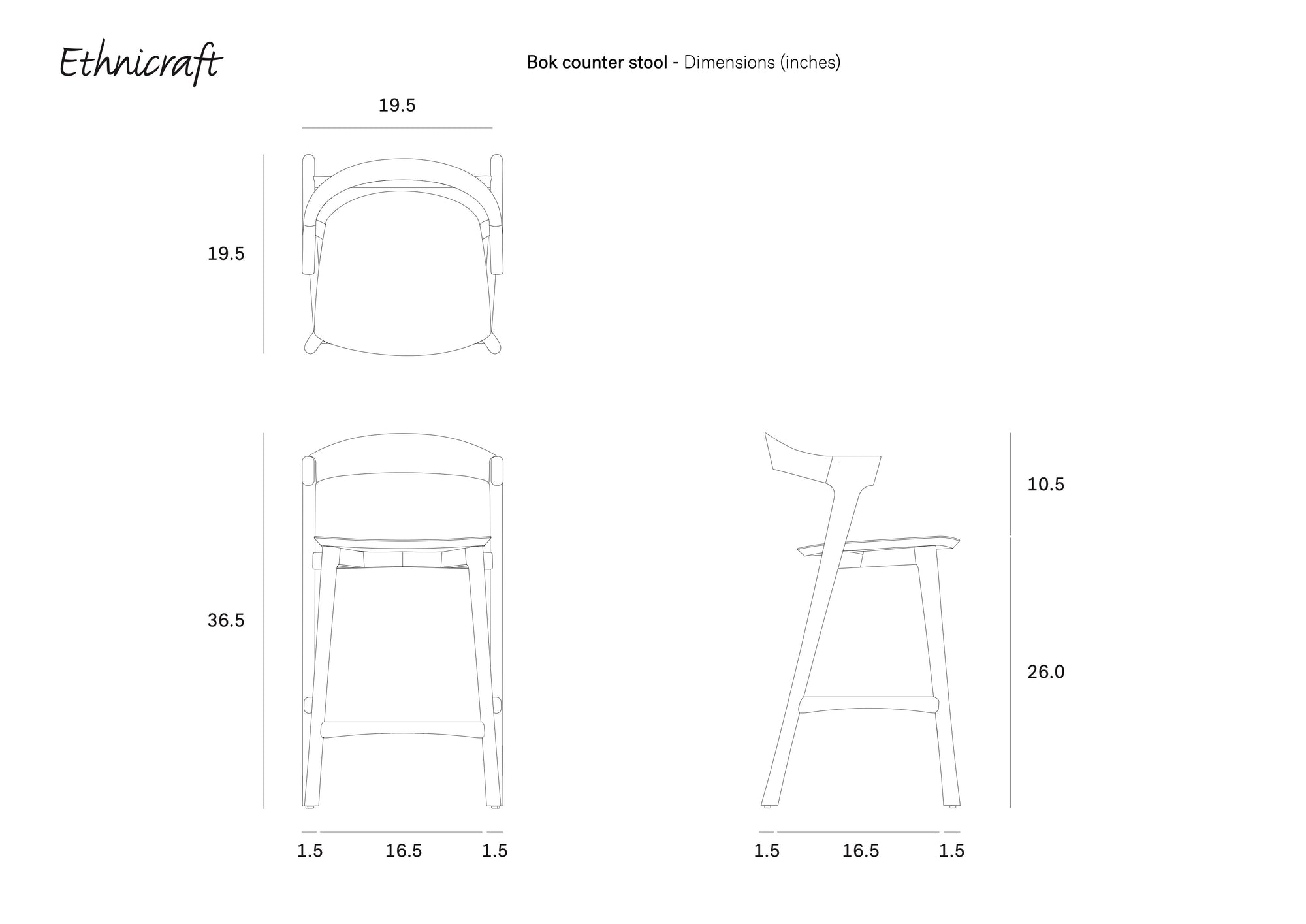 Line drawings of the Ethnicraft Bok Counter Stool in solid oak, with dimensions in inches—36.5" height, 19.5" width, 26" seat height—displaying front, top, and side views; design matches the Bok dining chair.