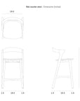 Line drawings of the Ethnicraft Bok Counter Stool in solid oak, with dimensions in inches—36.5" height, 19.5" width, 26" seat height—displaying front, top, and side views; design matches the Bok dining chair.