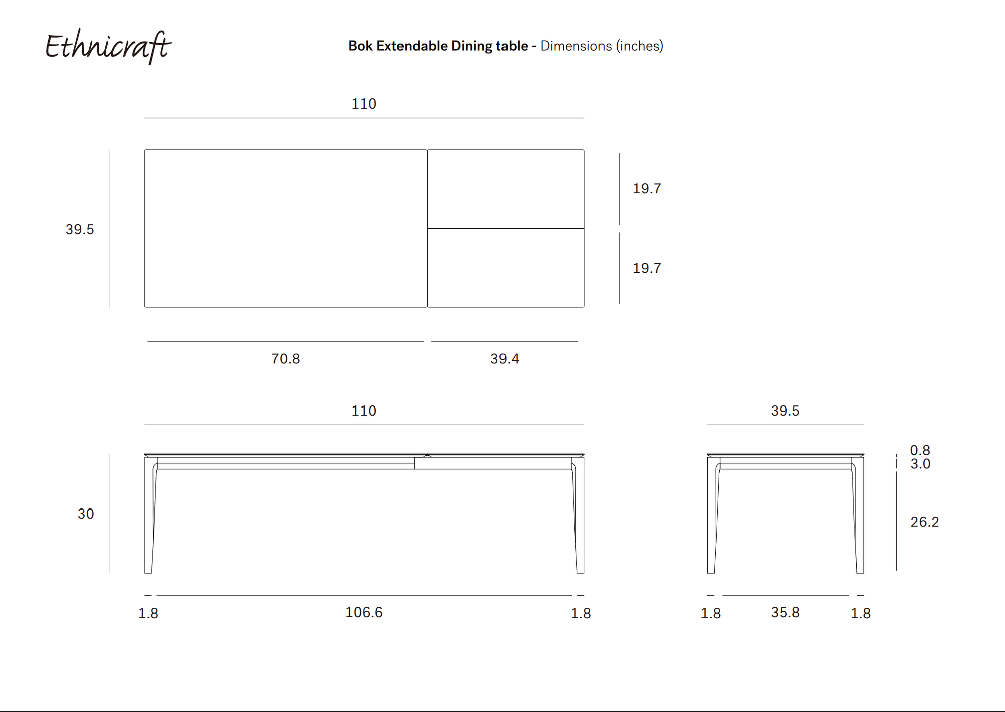 Technical drawing of the Ethnicraft Bok Extendable Dining Table - Oak, showing top, front, and side views with detailed inch dimensions for width, length, height, and leaf extensions.